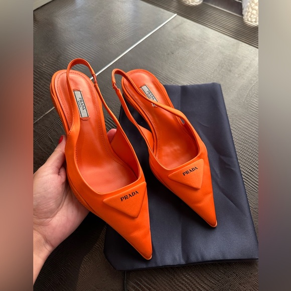 Prada Orange Logo-detailed Nylon Slingback Pumps Size US 8.5 EUR 39 Pre-Owned - Picture 12 of 16